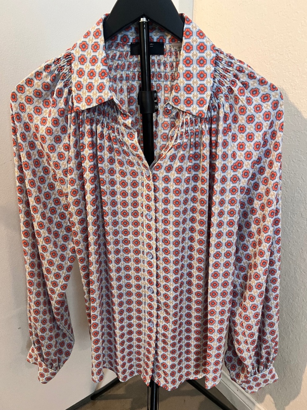 Tahari Orange & Light Blue Abstract Print Blouse | Size Medium